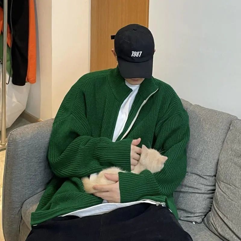 Áo Khoác Sweater Dệt Kim Cổ Đứng Dáng Rộng Phối Khóa Kéo Kiểu Đường Phố Thời Trang Thu Đông Cho Nam