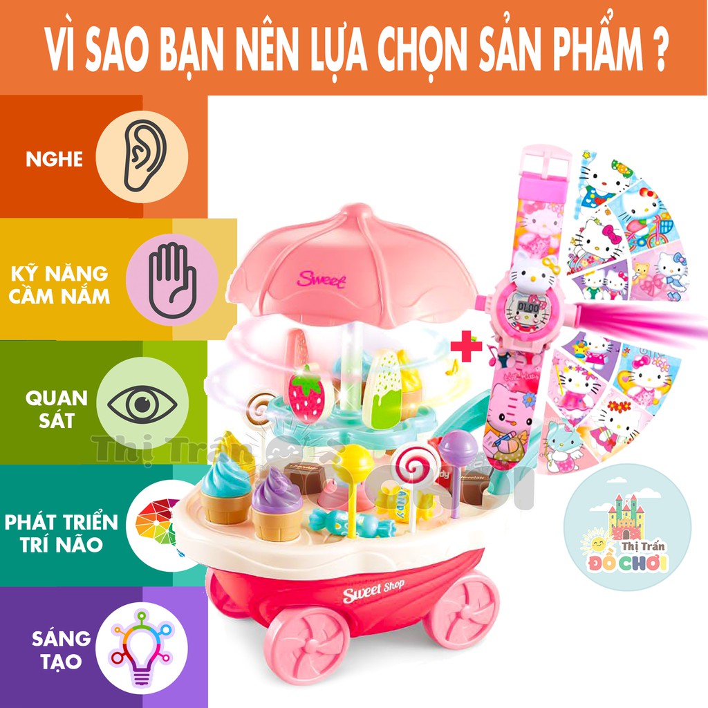 Đồ chơi nấu ăn  COMBO  Đồ chơi nấu ăn xe đẩy bán kem màu hồng kèm đồng hồ chiếu hình cho bé gái - 668-56 và 777-136B