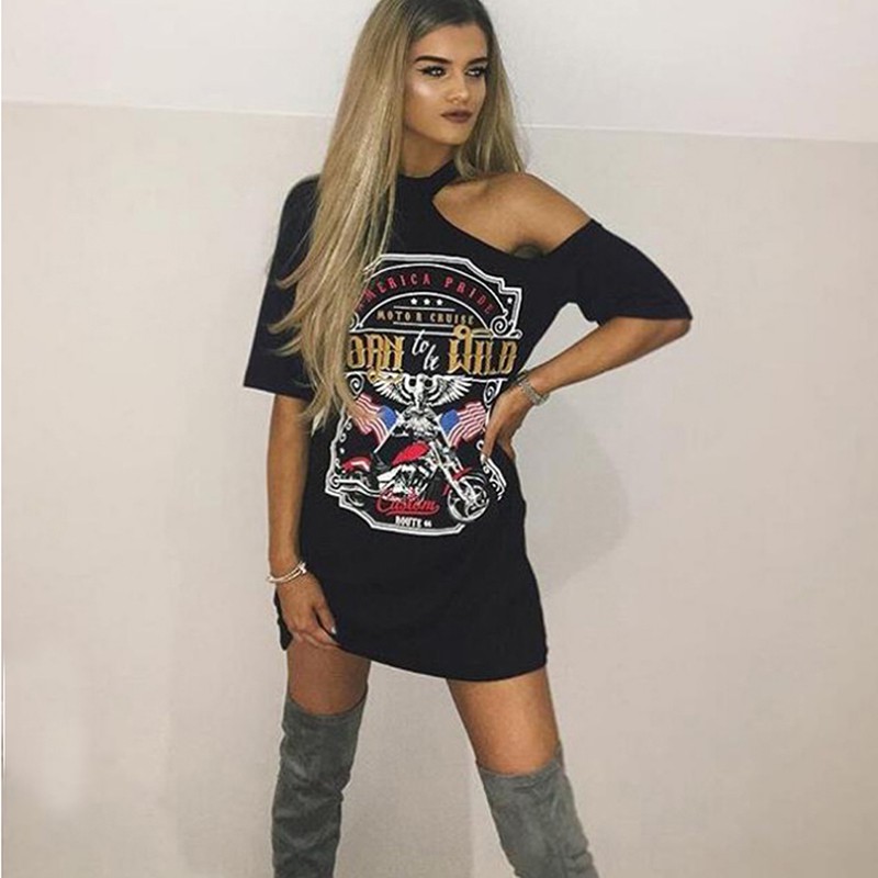 Áo thun nữ hở vai tay ngắn in hình đại bàng phong cách Punk Rock