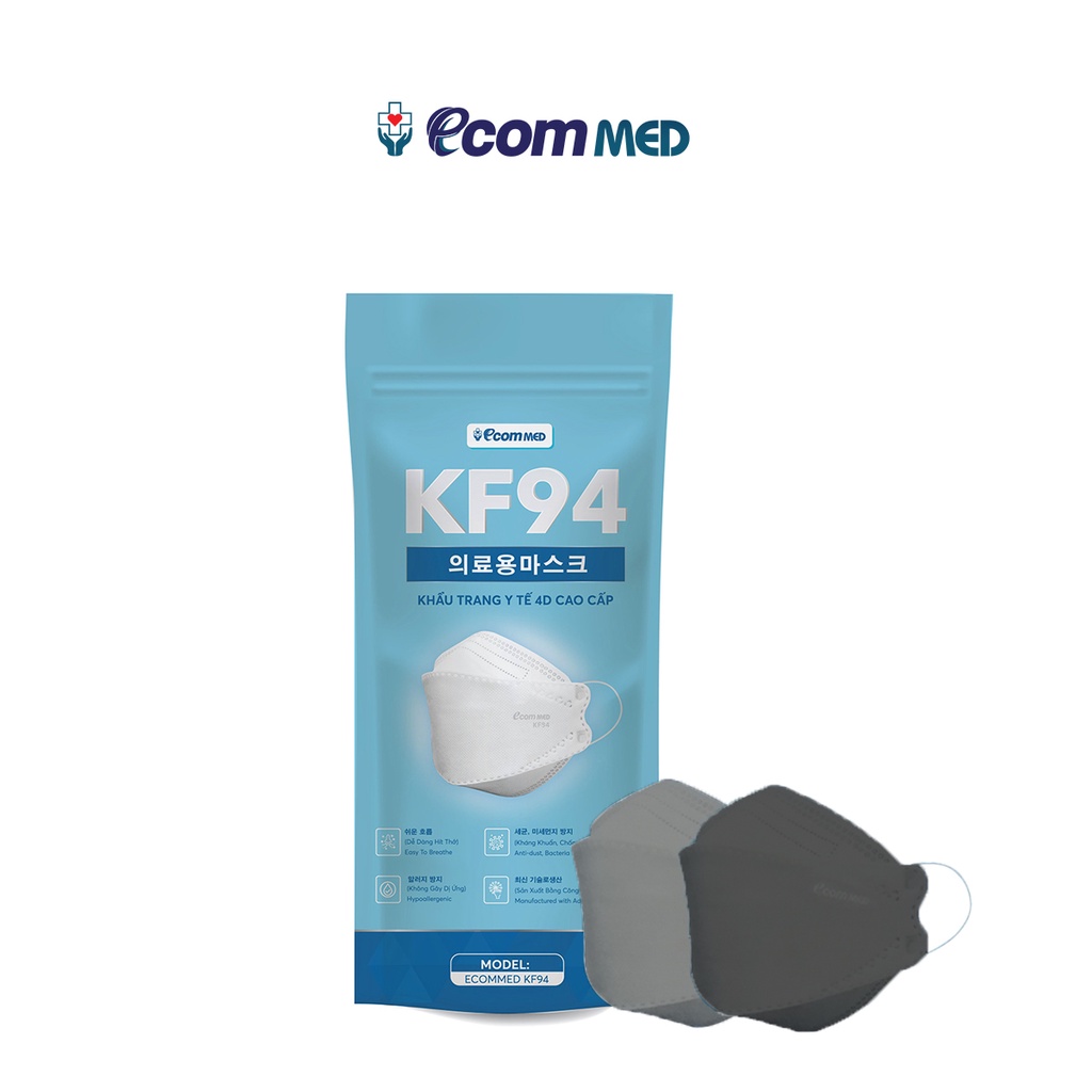 Khẩu Trang KF94 EcomMed màu Xám &amp; Đen (Bịch 10 cái) Thông Thoáng Không Đau Tai - Đạt chuẩn FDA