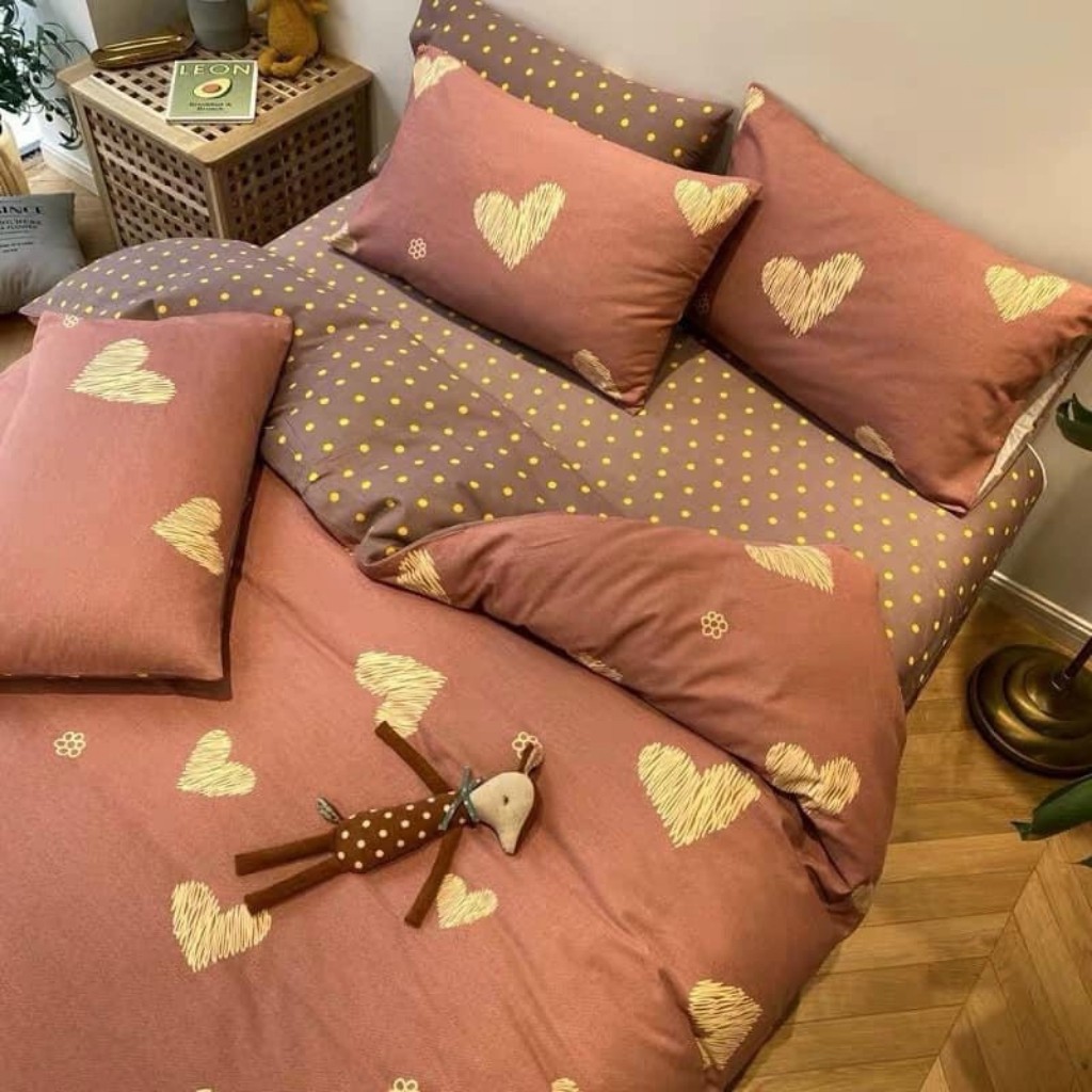 Bộ chăn ga gối , drap giường chất cotton poly họa tiết tim Sweet