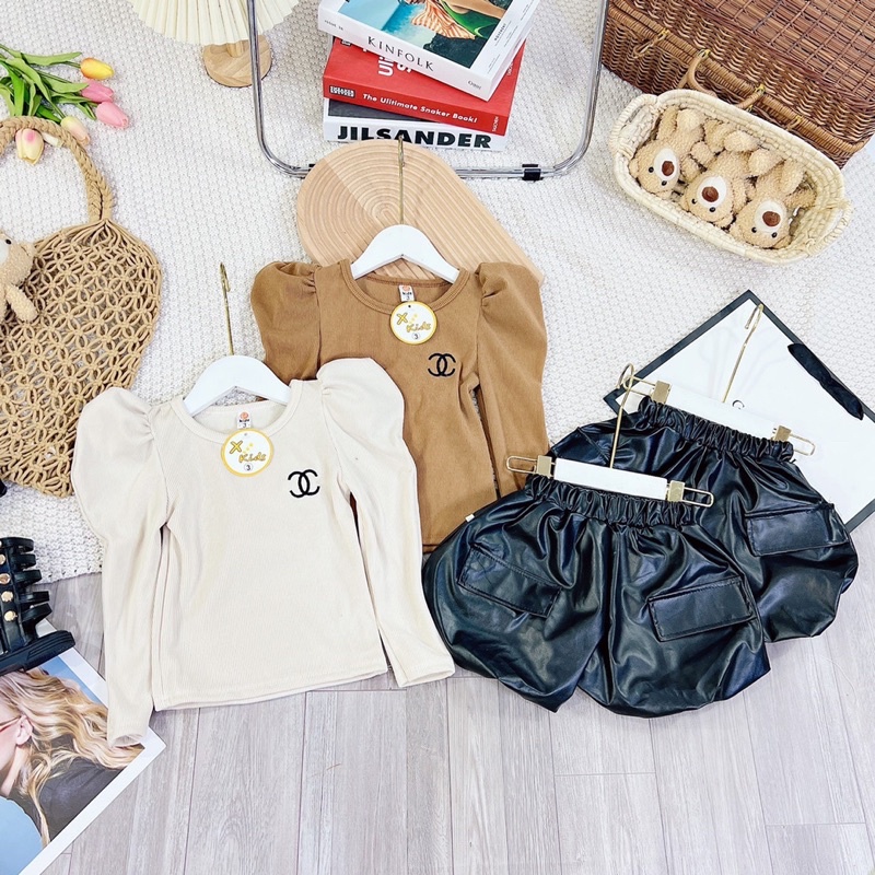 Set áo nhung lông tay bồng quần da cho bé gái