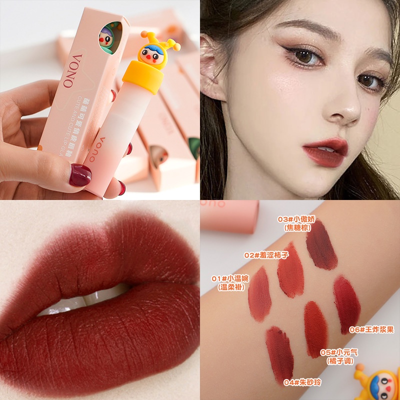 [Hộp mù] Son kem lì VONO mịn mượt như nhung lâu trôi không khô môi thiết kế hình búp bê dễ thương với 6 màu