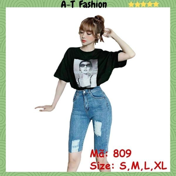 Quần short jean nữ ngố ❤️FREESHIP❤️ Quần Ngố Jean Nữ chất bò co giãn lưng cao phối rách thời trang A-T Fashion - SNM809