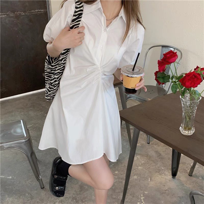 Váy sơ mi nhún chất thô mềm mịn - Đầm trắng cổ bẻ phong cách Hàn Quốc