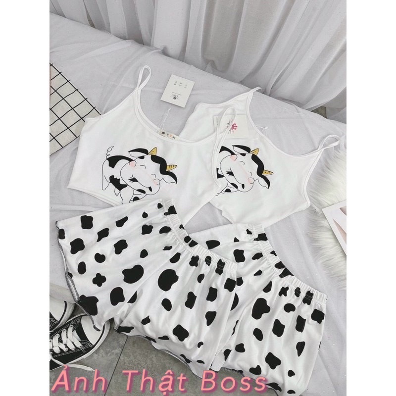 Set Áo Hai Dây Con Bò Kèm Quần Short Loang Bò Sữa Vằn 🦋