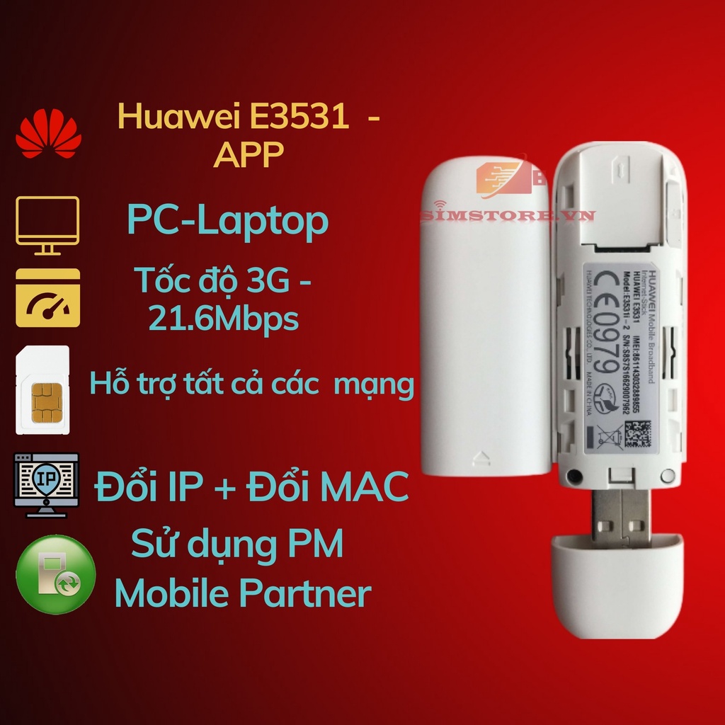 Dcom 3g đổi ip Huawei E3531, đổi mac, chạy tất cả các sim -Simstore
