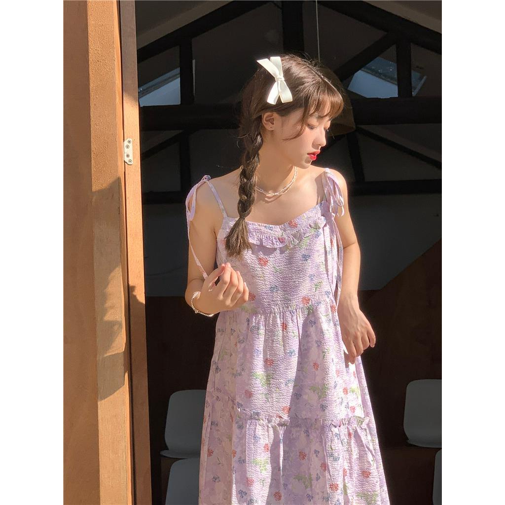 Đầm Hai Dây Lưng Cao Họa Tiết Hoa Màu Tím 62386