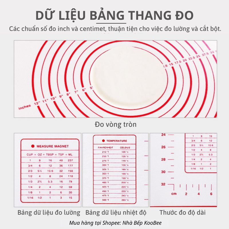 Thảm silicon nhào bột chống dính KOOBEE có vòng tròn và thang đo kích thước - Dụng cụ làm bánh tiện dụng cho nhà bếp