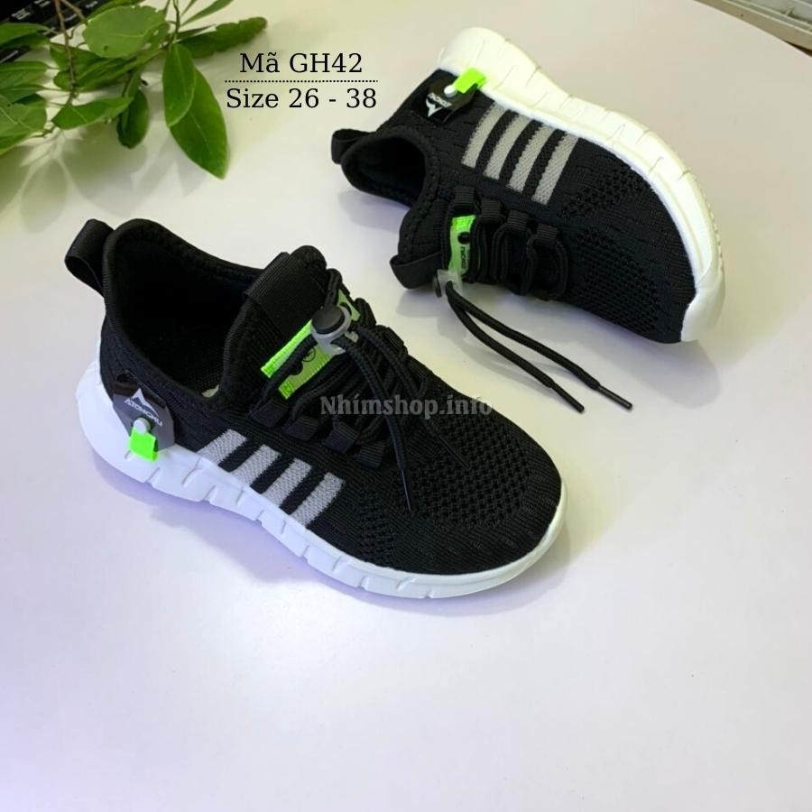 Giày thể thao bé trai màu đen 3 - 12 tuổi khóa rút sành điệu đế siêu nhẹ chống trơn cho trẻ em nam đi học chạy bộ GH42