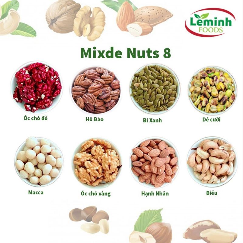 Hạt dinh dưỡng Mix 8 Loại ( Macca, Óc Chó Vàng, Óc Chó Đỏ, Hạnh Nhân, Hạt Thông, Hat Dẻ Cười, Hồ Đào