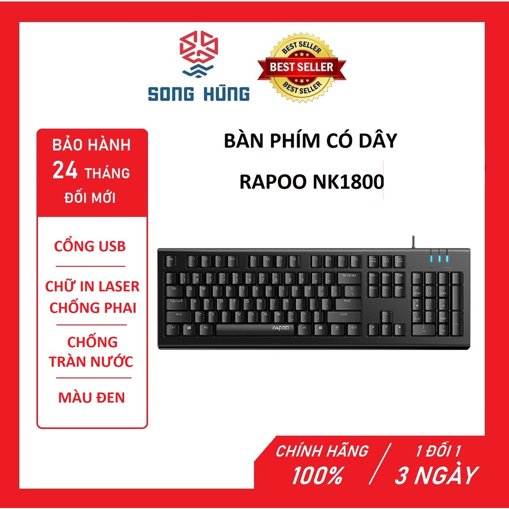 Bàn phím có dây Rapoo NK1800 (USB/Chữ in Laser chống phai/Chống tràn nước/Màu đen)-HÀNG CHÍNH HÃNG-BH 24 THÁNG ĐỔI MỚI