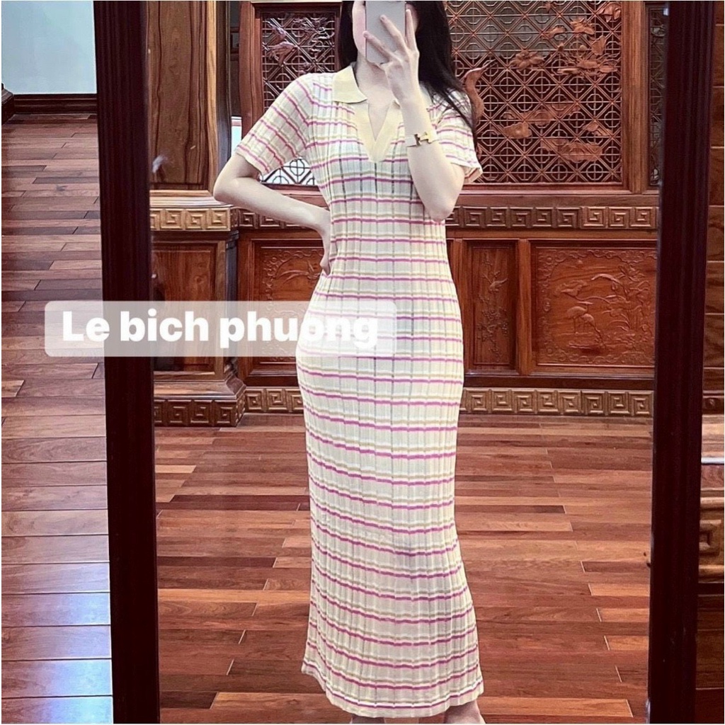 Váy maxi len kẻ ngang cổ bẻ hot 2022