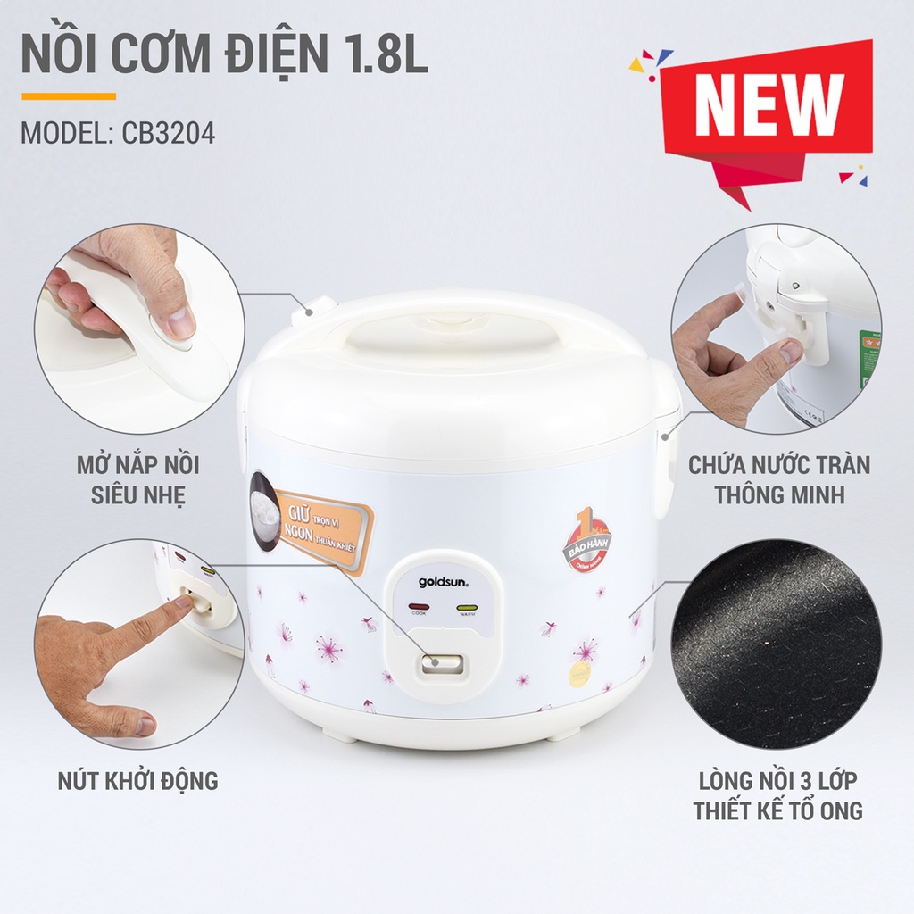 Nồi cơm điện 700W 1,8L cho gia đình 4-6 người- lòng nồi hợp kim nhôm phủ chống dính - thiết kế đáy tổ ong Goldsun CB3204