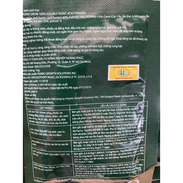 Phân bón sinh học Humic Acid Powder gói 20gr nhập khẩu Mỹ kích rễ kích mầm kích hoa giải độc cho đất