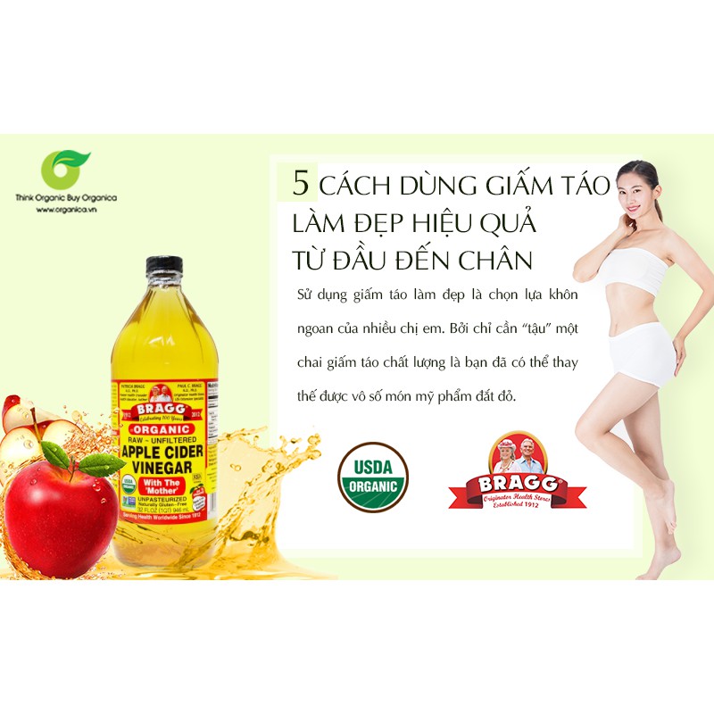 [Mã 66FMCGSALE hoàn 8% đơn 500K] Giấm Táo hữu cơ Bragg - Bragg Apple Cider Vinegar 946ml