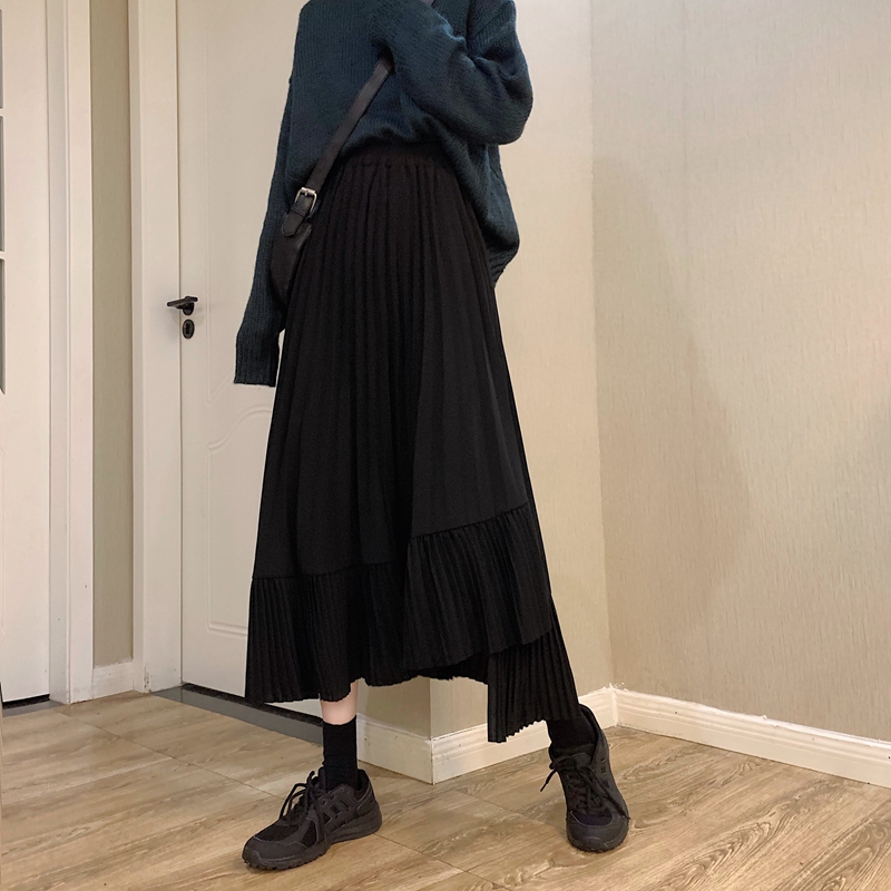 Chân váy midi nữ dáng dài retro 2021, Chân váy uzzlang hàn quốc xếp li đuôi cá,vạt lệch màu đen hồng kem du lich công sở | BigBuy360 - bigbuy360.vn