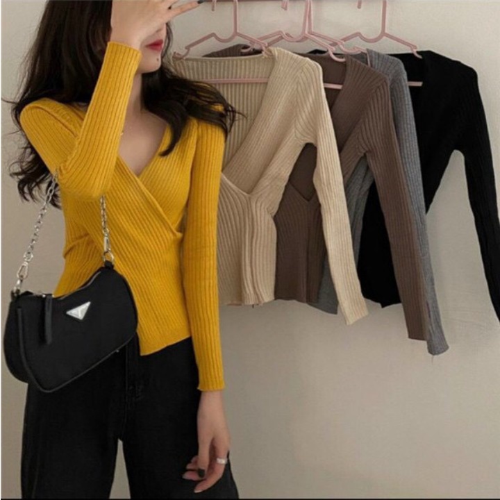 Áo thun nữ thân đáp chéo tay dài chất thun gân - 5 màu