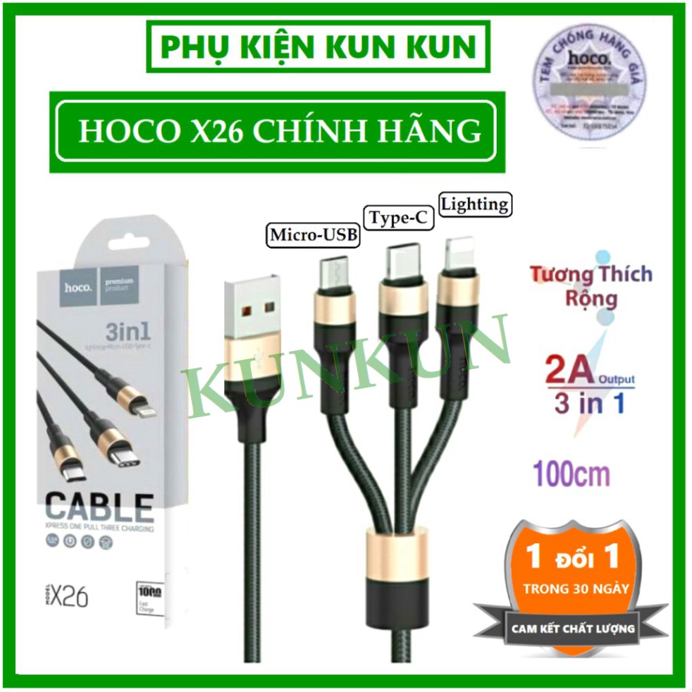 Cáp sạc 3 đầu HOCO X26 dài 1m - đa năng 3 trong 1 cho hệ điều hành IOS, Android - Tiện lợi, Nhỏ gọn, Chắc chắn