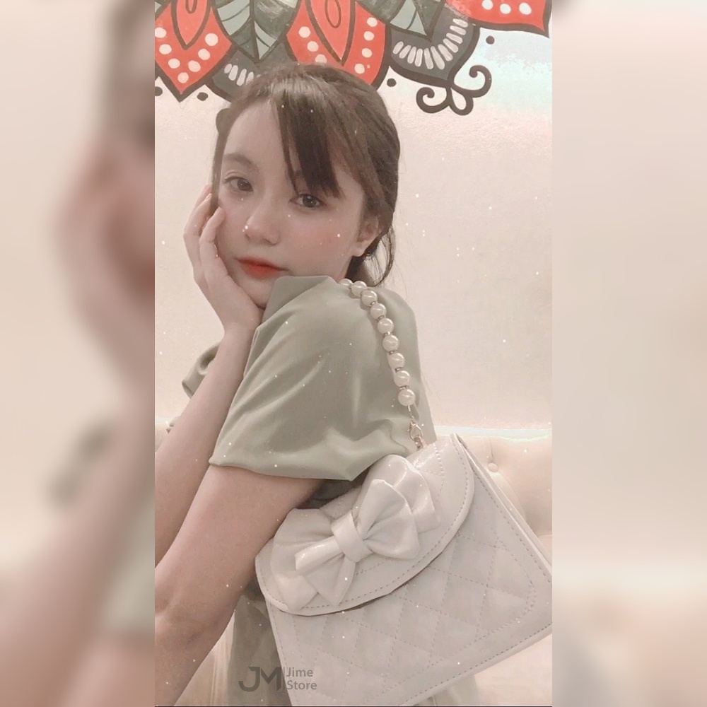 Túi xách nữ đeo chéo Jime Store cho chị em văn phòng có nắp gắn nơ và quai mix ngọc siêu đẹp T10
