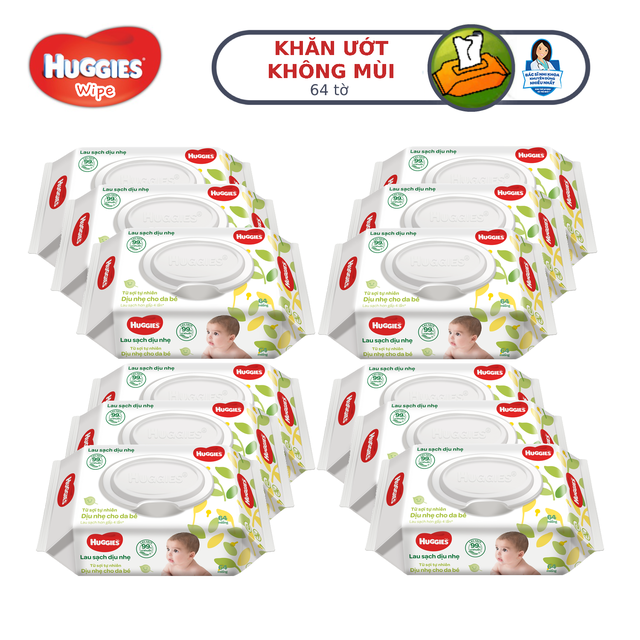 Thùng 12 gói Khăn ướt Huggies không mùi (64 miếng/gói)