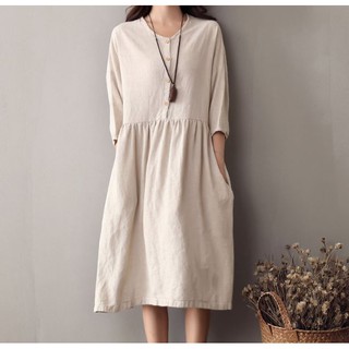 Váy linen màu be kiểu baby doll form rộng