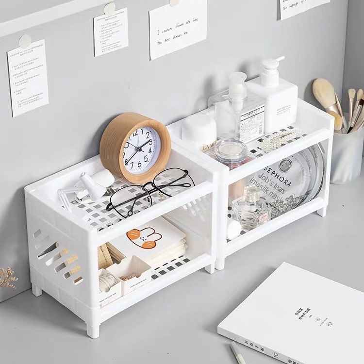 Kệ nhựa để bàn mini , giá để đồ 2 tầng Béo Shop màu trắng có thể tháo rời xếp gọn tiện lợi