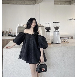 SET ÁO ĐEN RỚT VAI PHỒNG ĐÍNH HẠT + SHORT  ĐEN