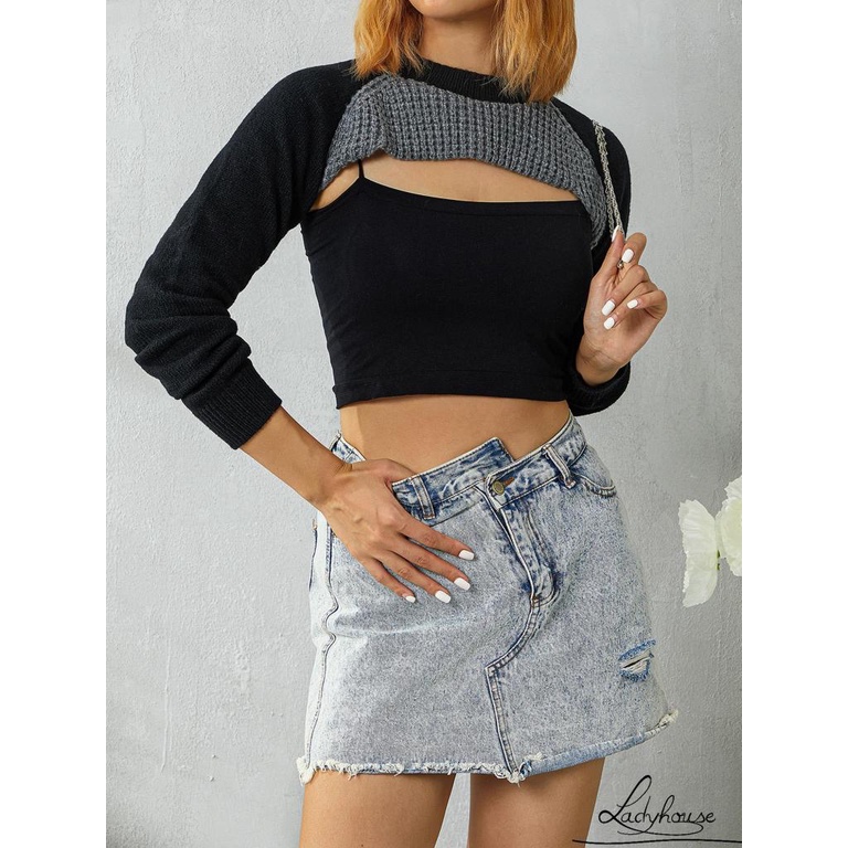 Áo Sweater Lửng Tay Dài Cổ Tròn Cắt Xẻ Màu Xám Ghép Vải Shrug Dành Cho Bạn Nữ LDD