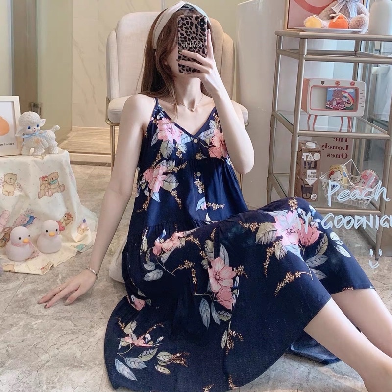 Đầm suông Maxi dáng rộng, Váy 2 dây lanh cotton siêu mát, Dây điều chỉnh
