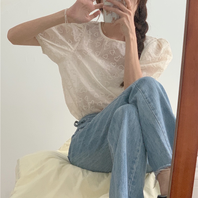 SUXI Áo Thun Tay Ngắn Cổ Tròn Trong Suốt Thêu Hình Trái Tim Nhỏ Màu Trơn Phong Cách Hàn Quốc Mùa Hè