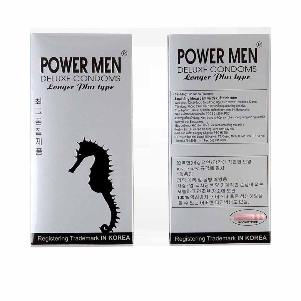 Bao cao su POWER MEN Longer Plus cá ngựa gân gai, chống Xuất tinh sớm Hộp 12 bao