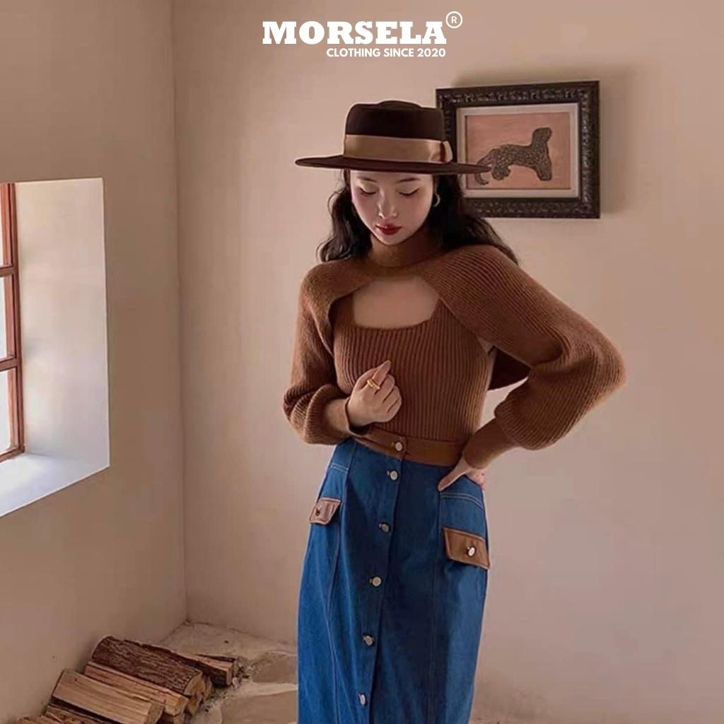 MORSELA® chính hãng - Set áo gân tăm tay dài croptop cổ lọ khoét ngực kèm áo kiểu tay bồng kèm ba lỗ phong cách bánh b