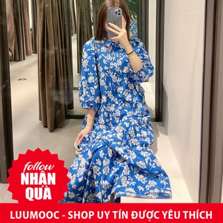 Đầm Zara hoa xanh dáng dài suông xòe DH2DSX54N10