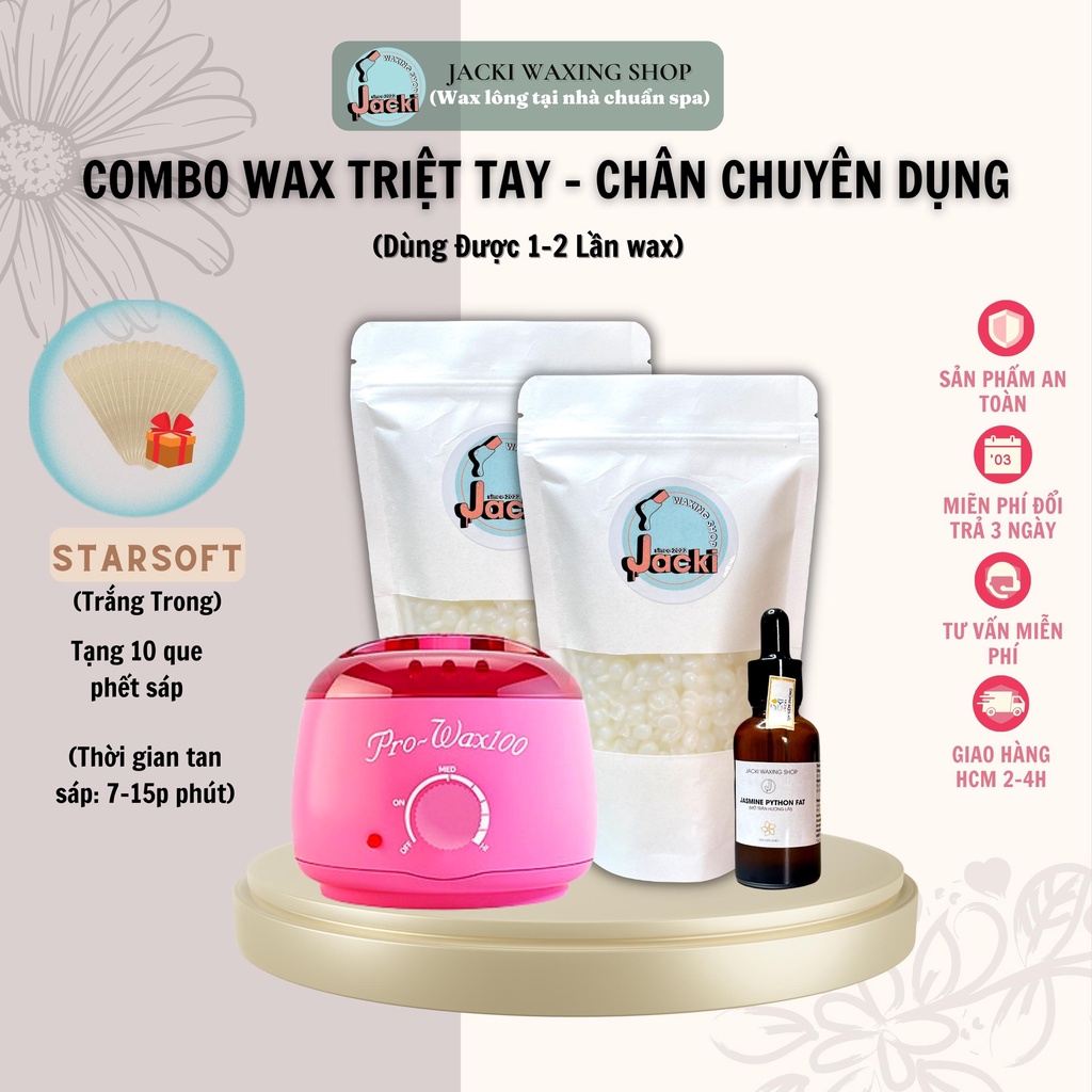 COMBO WAX LÔNG TAY - CHÂN CHUYÊN DỤNG ( 200gr Sáp + 1 Nồi Nấu Sáp + Mỡ Trăn Hương Nhài + Tặng 10 Que Phết Sáp)