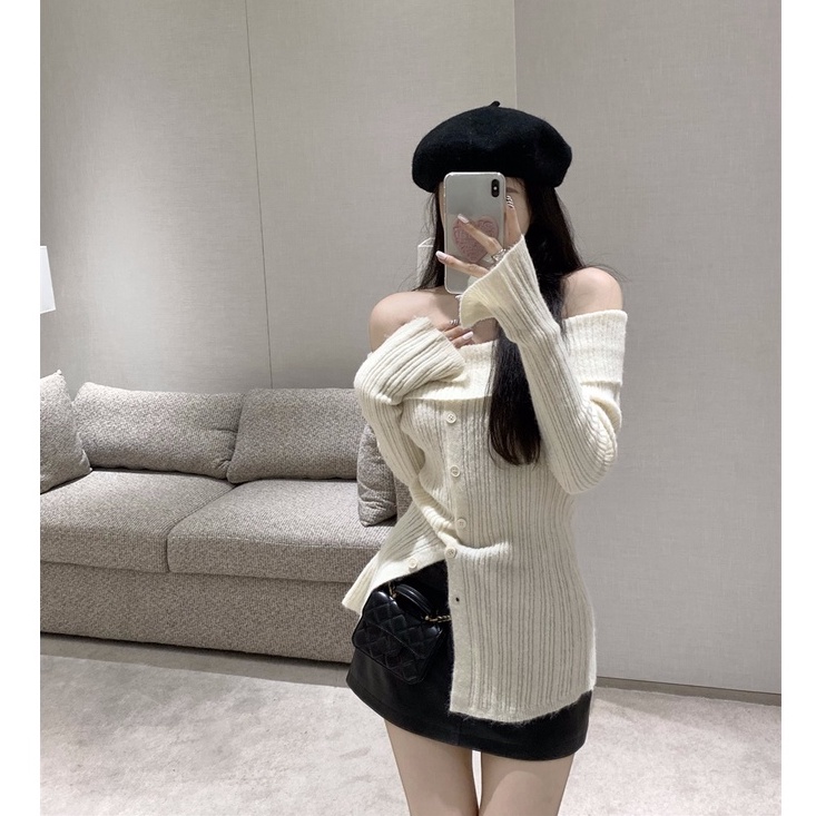 QADCOL Áo sweater Dệt Kim Tay Dài Thiết Kế Xẻ Tà Thời Trang Mùa Thu Cho Nữ