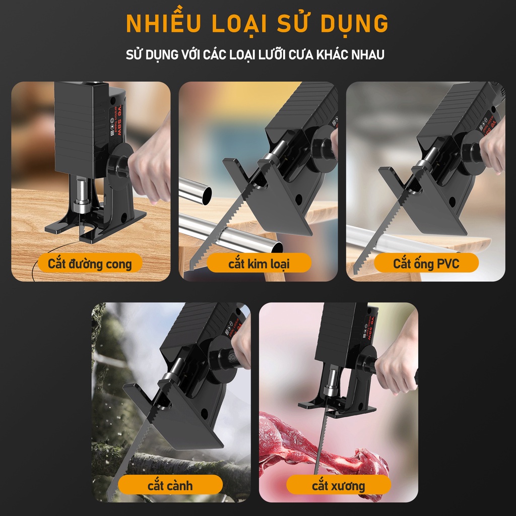 Bộ chuyển đổi máy khoan thành máy cưa, điện cầm tay kèm 3 lưỡi cưa gỗ kim loại nhựa
