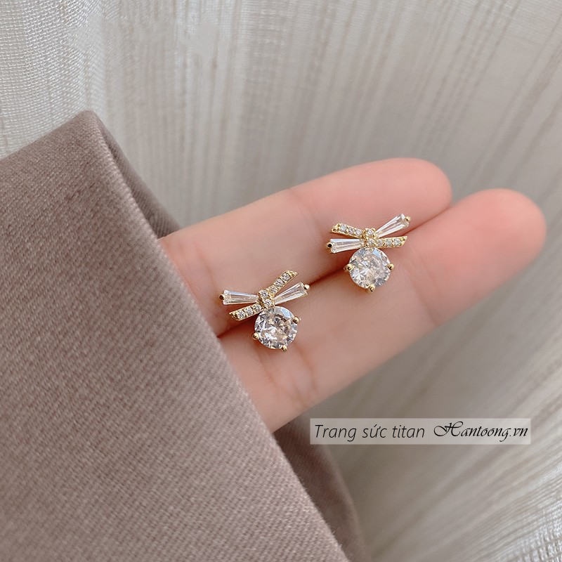 Bông tai nữ hình nơ xinh xắn khuyên tai nữ đính đá pha lê lấp lánh thời trang trẻ trung mẫu mới 2023
