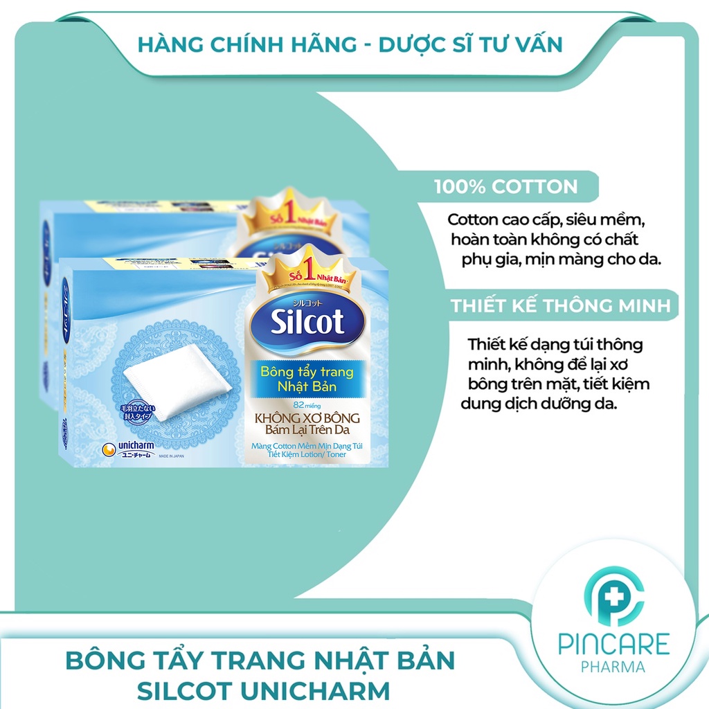 Bông trang điểm - Bông tẩy trang Silcot Unicharm 82 miếng/hộp  - Hàng chính hãng - Nhà thuốc PinCare