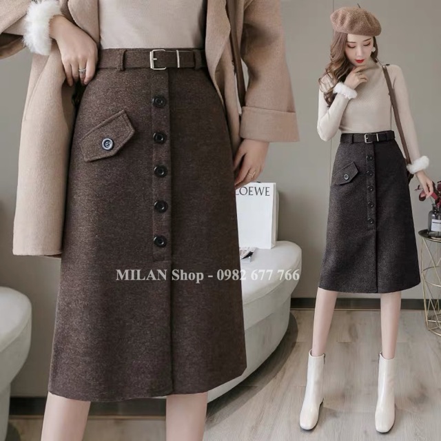 Chân váy dạ dài qua gối kèm đai hàng khuy giả túi phom rộng | BigBuy360 - bigbuy360.vn