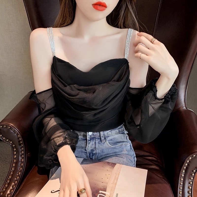 🖤Áo kiểu trễ vai tiểu thư sang chảnh dây đính đá kim tuyến bling bling dự tiệc|Áo hai dây ulzzang lấp lánh xinh