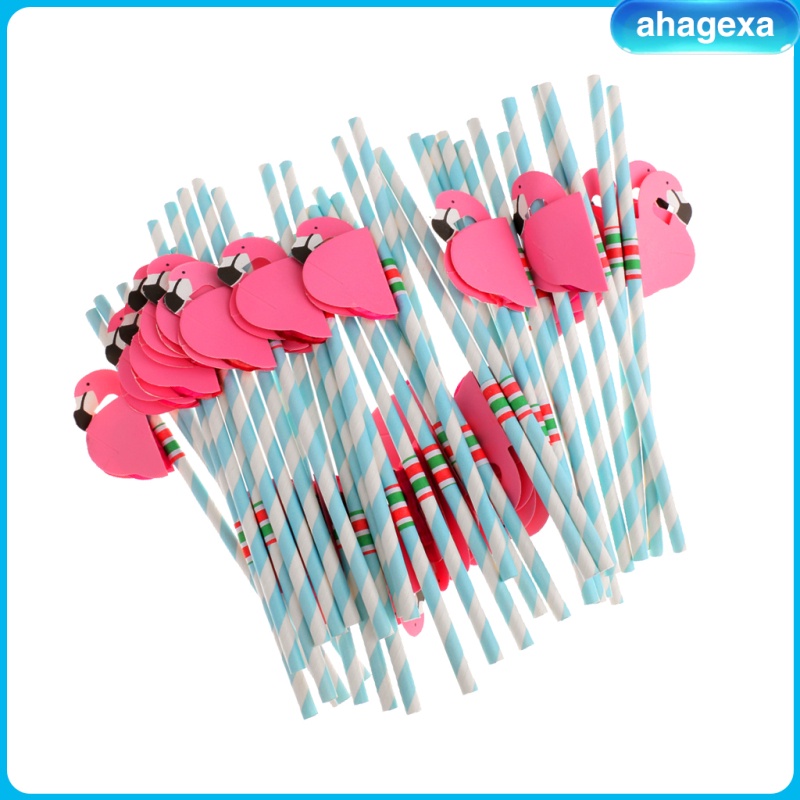 2x25pcs Flamingo Striped Straws Luau Tropical Beach Party Barware Favor Blue