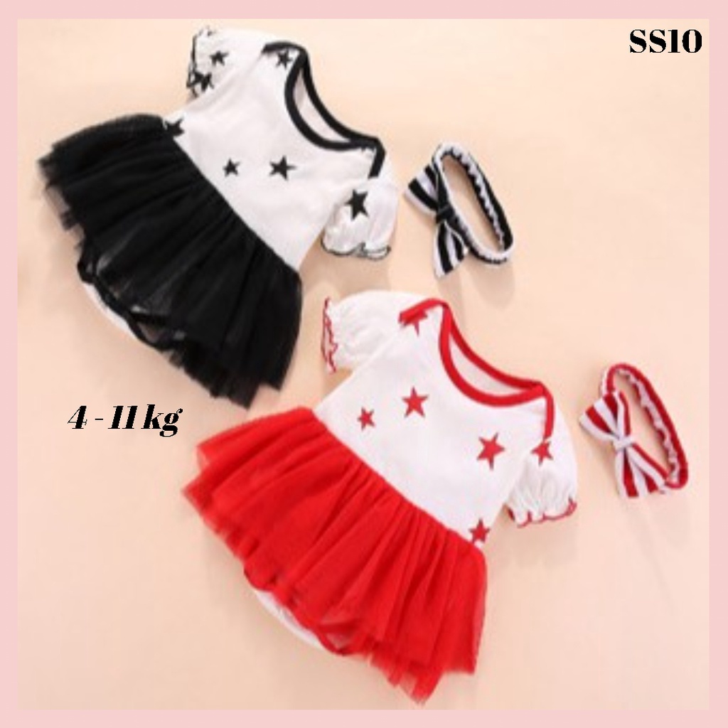 Váy body sơ sinh dài tay bé gái họa tiết sao kèm tuban size 0-12 tháng SS10