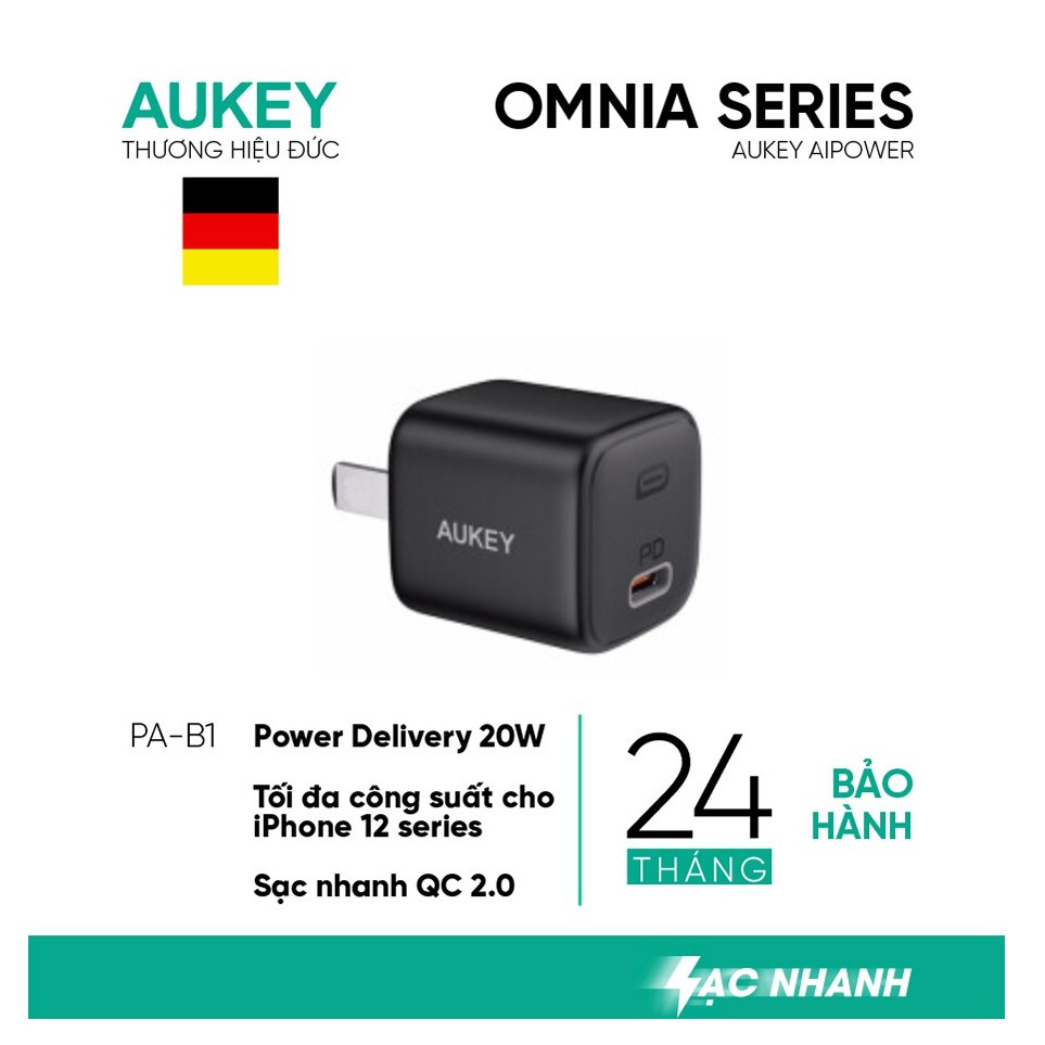 Cốc Sạc Nhanh Aukey 20W PA-B1, PA-F3S 32W PD 20W+12W,Cáp Sạc Nhanh CB-CL1(1.2m) Sạc Nhanh 2 Trong 1 iPhone PD 20W+QC 3.0