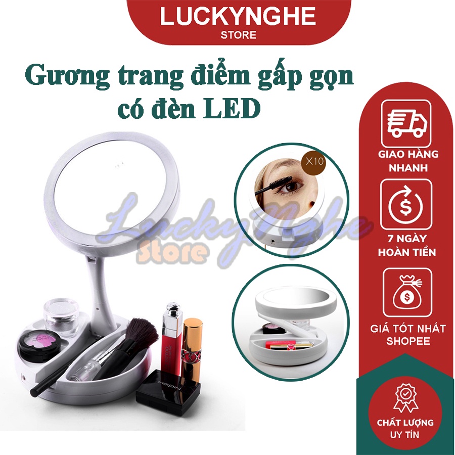 Gương trang điểm gấp gọn hình tròn có đèn led - tặng kèm pin