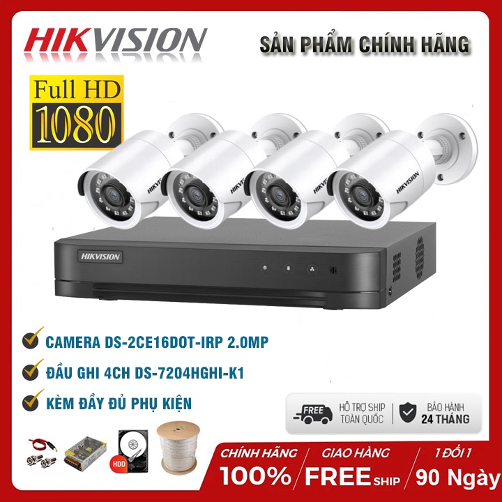 Bộ Camera giám sát Hikvision 2MP FHD 1080P - Hàng chính hãng [Bộ 1-4 2MPX] - Đầy đủ phụ kiện+Ổ Cứng 500GB - BH 24 Tháng