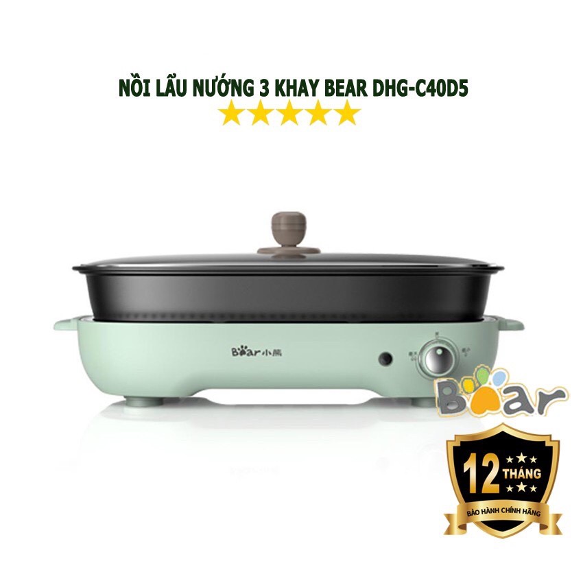 Nồi Lẩu Nướng 3 khay (lẩu, nướng, chiên xào) cao cấp Bear DHG-C40D5 (Hàng chính hãng - bảo hành 12 tháng)