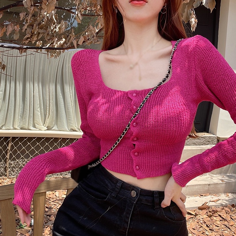 Áo Khoác Cardigan Dài Tay Cổ Vuông Màu Sắc Đơn Giản Thời Trang Hàn Quốc