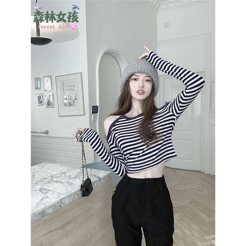 ஐ◕Áo Thun Ngắn Trễ Vai Ôm Dáng Họa Tiết Kẻ Sọc Quyến Rũ Cho Nữ