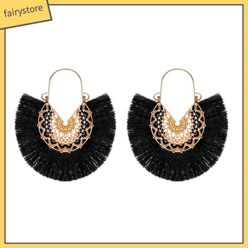 Khuyên Tai Dáng Dài Hình Quạt Phối Tua Rua Phong Cách Bohemian Thời Trang